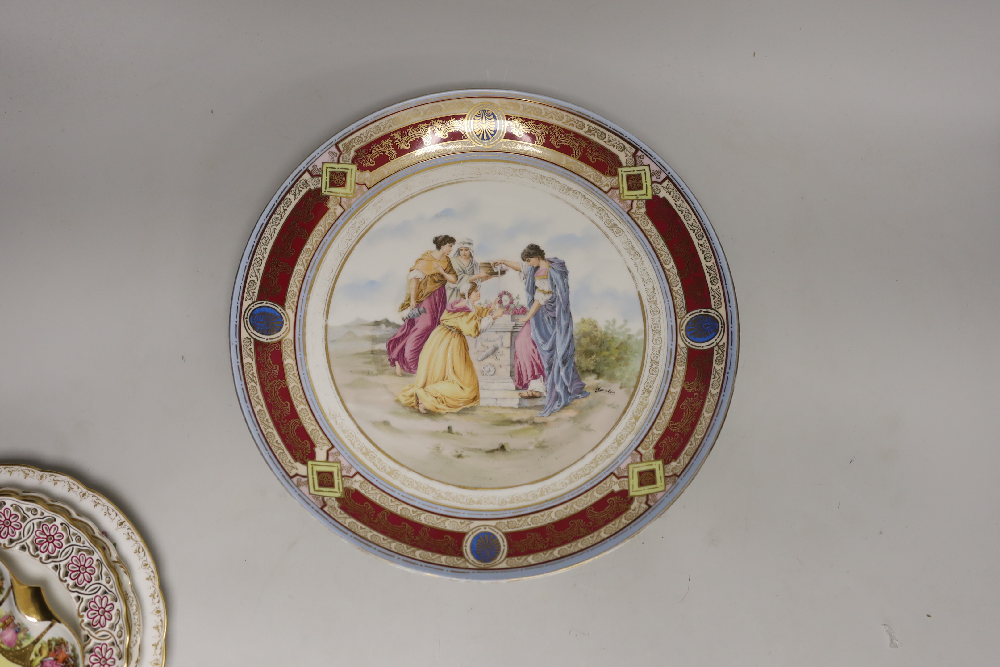 Six Continental porcelain items, including a Sevres style lidded box, a ‘Meissen’ plate with pierced rim, a Dresden plate, etc. largest 31.5cm